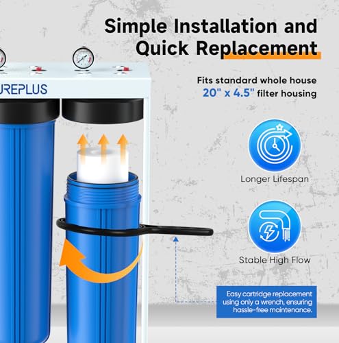 20-Inch 3-Stage Whole House Water Filter, Home Filtration System | Sediment, Granular Activated Carbon, Carbon Block Filters | Built-in Pressure Gauges, with Steel Stand Frame
