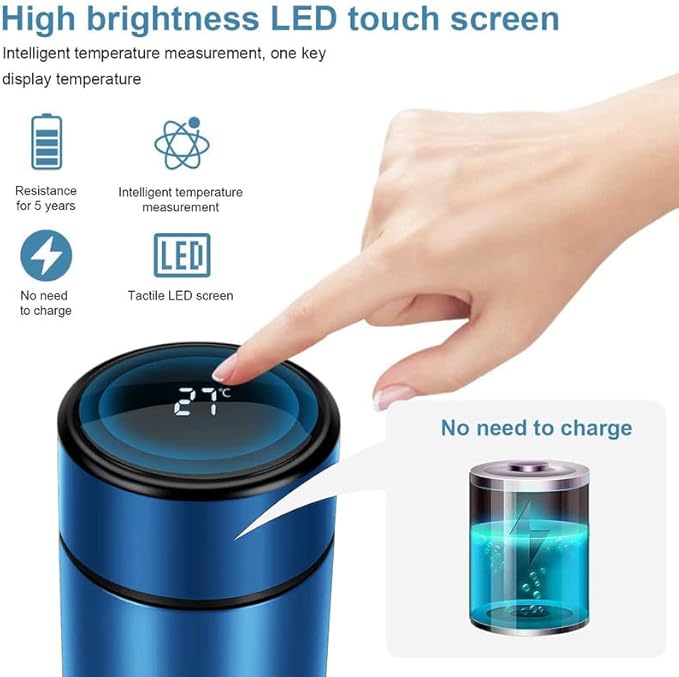 Smart Water Bottle Stainless Steel Vacuum Flask,Travel Mug with Smart LCD Touch Screen, Keep Hot Or Cold, Car Portable Travel Tea Coffee Vacuum Thermo Cup,Insulated Water Bottle (Blue)
