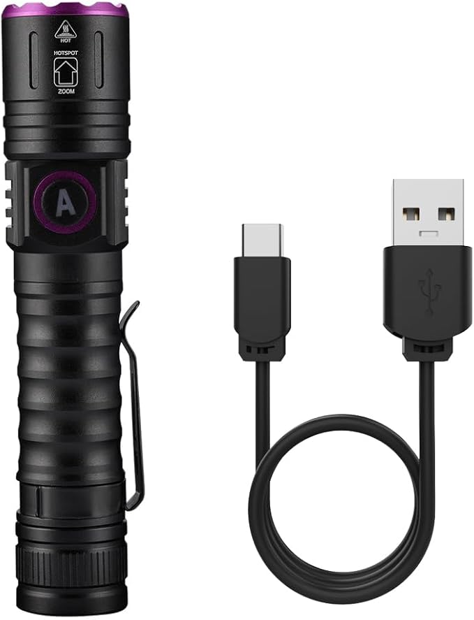 ALONEFIRE SV87 365nm UV Flashlight Zoom 5W Type C USB Rechargeable Black Light Money Detector for Resin Curing, Pet Urine Detection, Scorpion, Fishing, Minerals, Leaks, Cure Glue with Battery