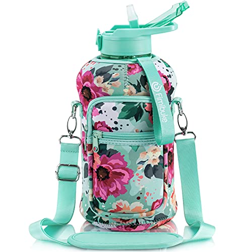 Half Gallon Water Bottle with Sleeve 64 OZ Water Bottle with Handle & Straw Leakproof Motivational Sports Gym Water Bottle with Time Marker Water Jug with Neoprene Holder