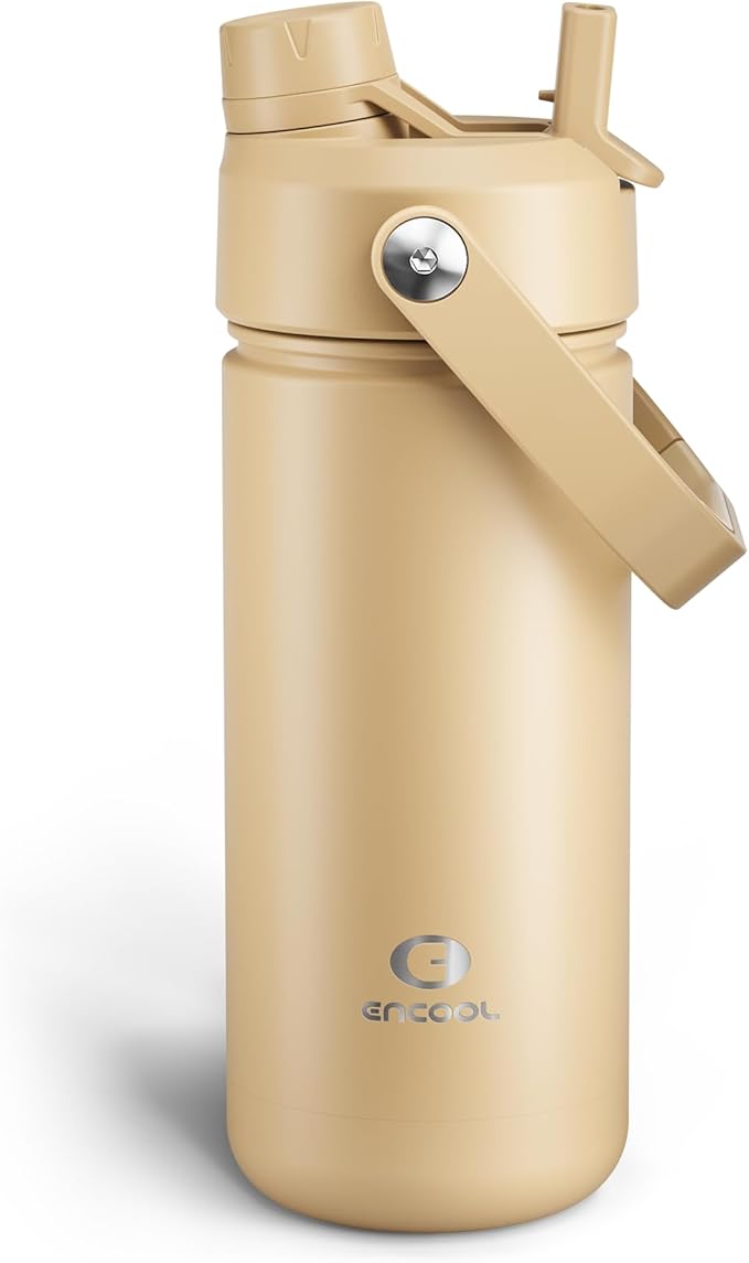 ENCOOL Insulated Water Bottle with Straw Stainless Steel Water Bottle, Leak-Proof, BPA-Free, Double Wall Vacuum Keeps Cold for 24 Hours for Sports, Travel, School (18 oz, Indian Khaki)