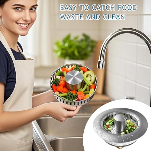 3-in-1 Kitchen Sink Drain Strainer & Stopper, Stainless Steel Food Catcher Plug with Filter Basket, Fits 3-1/2 Inch Drain Hole, Universal Sink Protector Cover, Anti-Clogging, Silver (Sus304, 1 Pack)