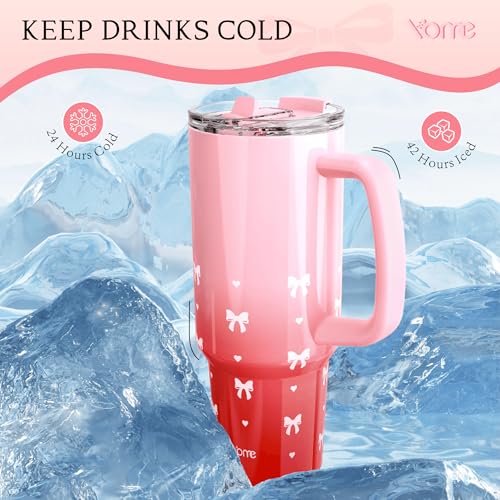 40 oz Bow Red Tumbler with Handle and Flip Straw for Women
