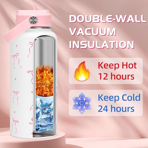 32oz Pink Bow Gift Insulated Water Bottle for Women with Straw
