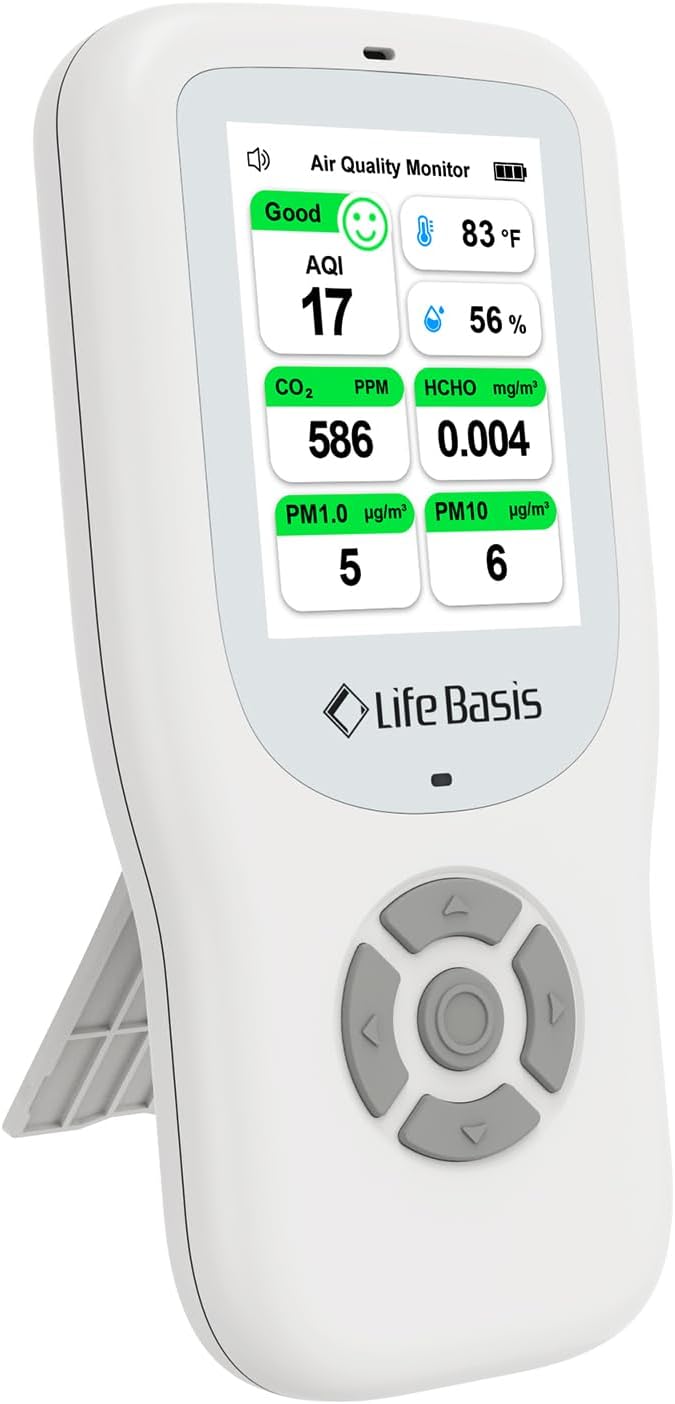 LifeBasis Air Quality Monitor Indoor, 11-in-1 Air Quality Detector with Stand, Real-Time Air Meter Test AQI, PM1.0, PM2.5, PM10, CO2, TVOC, HCHO, Particles, Temperature and Humidity with Alert -White