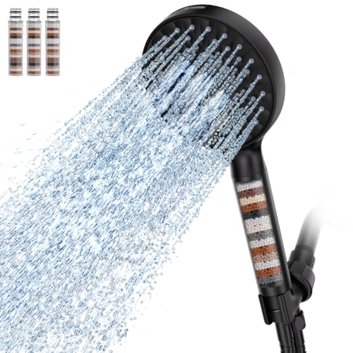 Filtered Shower Head with Handheld High Pressure 9 Spray Mode Showerhead Detachable Shower Head Water Softener Filters Beads for Hard Water Remove Chlorine 4 Filters Matte Black