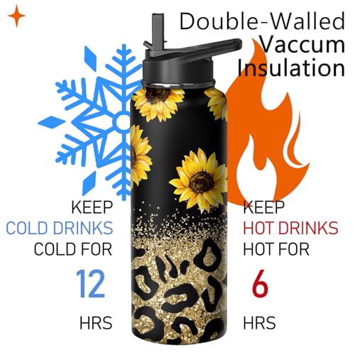 40oz Leopard Sunflower Water Bottle with Handle and Flip Straw