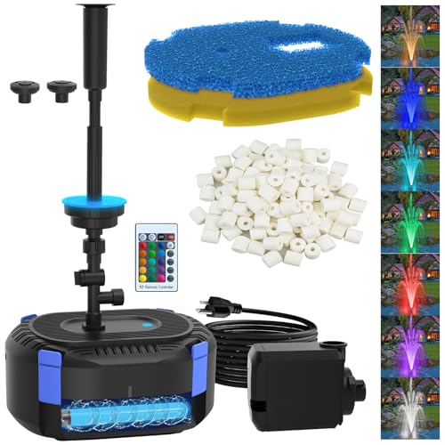 All-in-1 Pond Fountain Kit 850GPH with 3-Spray Patterns Pond Filters System for Outdoor Ponds with Color LED & U - V Light to Clean Green Water Fountain Pump for 500-750 Gallon Ponds