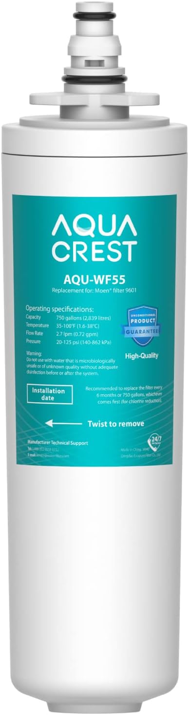 AQUACREST 9601 Water Filter, Model No.AQU-WF55. Replacement for Moen 9601 ChoiceFlo 9600, 9602, 9500, 9501, 9502, Fits F87400, F7400, F87200, 77200, CAF87254, S5500 Series of Moen Faucets (Pack of 1)