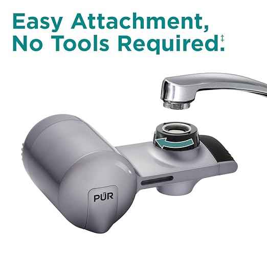 PUR Plus Horizontal Faucet Mount Filtration System with 3-in-1 Lead Reducing Filter, Water Filter for Sink, Lasts 100 Gallons, Compatible with Sinks with External Aerators, Metallic Grey