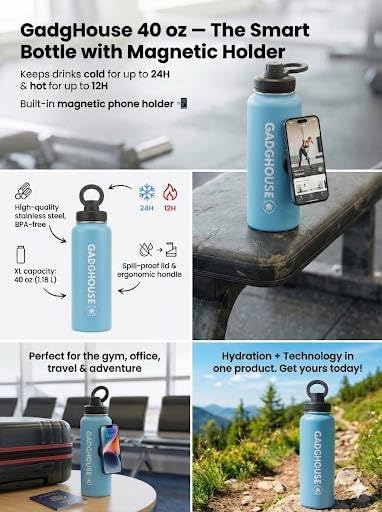 GadgHouse 40oz Stainless Steel Water Bottle with Magnetic Phone Holder, Compatible with Apple and Android. Leakproof, Insulated, BPA-Free, Keeps Hot 12H Cold 24H, for Gym, Office, Travel (ICE BLUE)