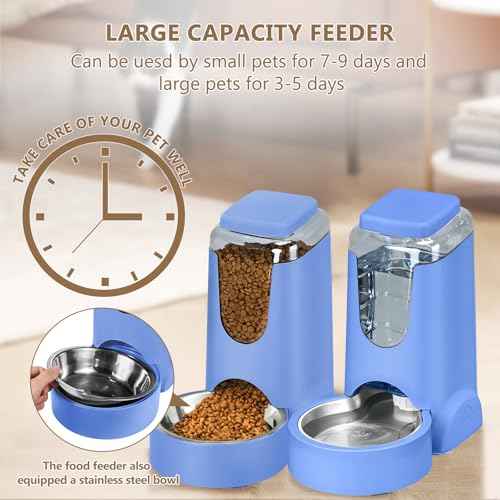Portable Automatic Cat Feeder and Water Dispenser with Stainless Steel Bowl Dog Gravity Food Feeder and Waterer for Small Medium Pets Puppy Kitten 1 Gallon x 2
