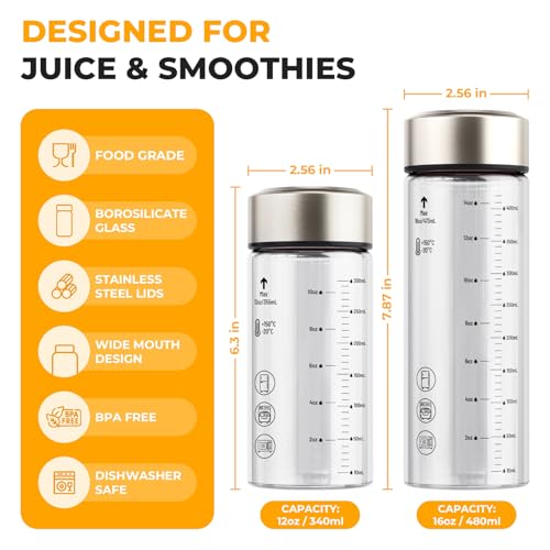Wide Mouth Borosilicate Glass Juice Bottles 12oz 4 Pack with Lids