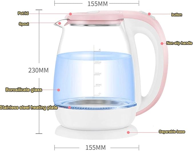 Kettles,Glass Electric Kettle,Eco Water Kettle with Illuminated Led,Bpa Free Cordless Water Boiler with Stainless Steel Inner Lid Bottom,Fast Boil Auto-Off Boil-Dry Protection,1.8L 1500W/Blue hopeful