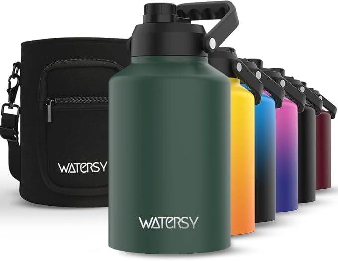 WATERSY 1 Gallon Water Bottle Insulated(Cold for 48 Hrs),BPA Free&Leak Proof,128oz Stainless Steel Water Jug,Big thermo,Large Water Bottle with Handle for Gym,Hiking,Camping&Travel,Dark Green