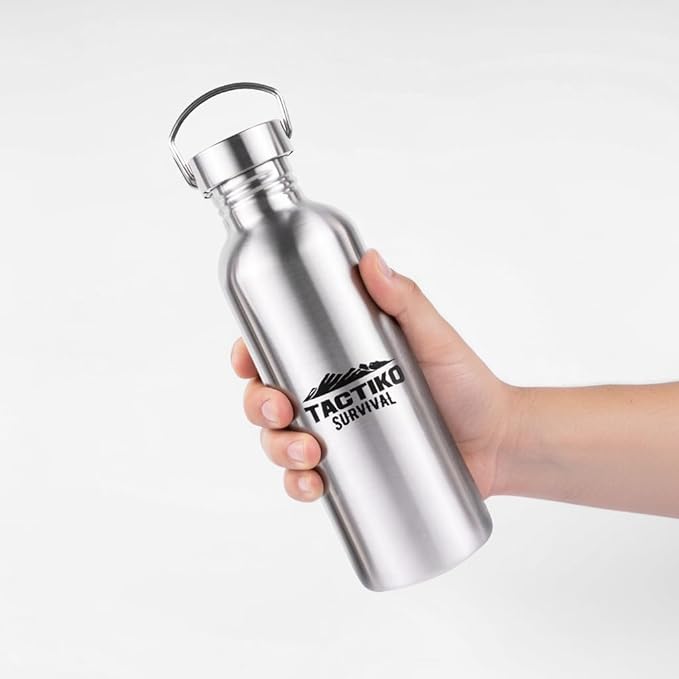 Tactiko Survival 34 oz/1000 ml Stainless Steel Wide Mouth Water Bottle, Single Wall Boil-Safe, Leakproof, BPA-Free with Carry Sleeve and Strap for Camping, Hiking, Outdoor Prep (Black)