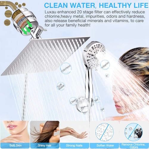 10" Dual Filtered Shower Head Showerhead Handheld Sprayer 20 Stage Water Filter Diverter 79" Hose Combo