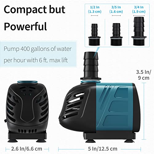Aquarium 400 GPH Submersible and Inline Water Pump 30W 6ft High Lift AC 120 V Quiet Adjustable Return Pump with 6 ft. Power Cord for Fish Tanks Pond Waterfalls Fountains Sumps and Gardens