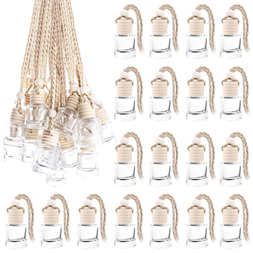 50 Pcs/Set,8ml Hanging Car Air Freshener Diffuser,Empty Refillable Clear Glass Essential Oil Fragrance Perfume Diffuser Pendant Glass Vials with Wooden Caps & Hanging String,Cylindrical Style (50 Count)