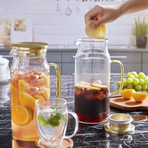 2 Pack 2 Liter 68 oz 2.1 Qt Gold Glass Pitcher with Lid and Handle (2 Count)