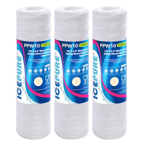 20 Micron 10" x 2.5" Whole House String Wound Sediment Water Filter for Well filter Replacement for Aqua (3 Count)