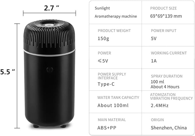Unee Car Diffusers – 100ml USB Mini Aromatherapy & Humidifier & Car Air Freshener for Essential Oils, Portable Auto & Home Use (Black)
