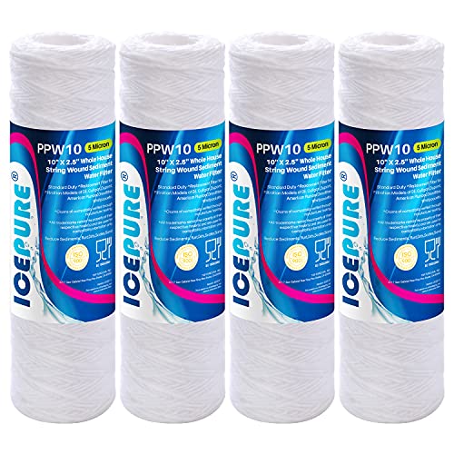 5 Micron 10" x 2.5" String Wound Sediment Water Filter Cartridge for Well filter Universal Replacement for Any 10 inch RO Unit (4 Count)