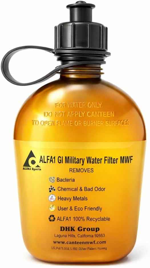 Translucent See-Thru Military Water Filter Canteen, OD Green, 1 Quart/32oz | Built-in Nano Filter | Improves Taste & Odor | Camping, Hiking, Backpacking, Outdoor & Travel