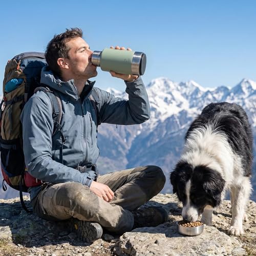 32oz 3-in-1 Dog Water Bottle Stainless Travel Cup with 2 Bowls,Green