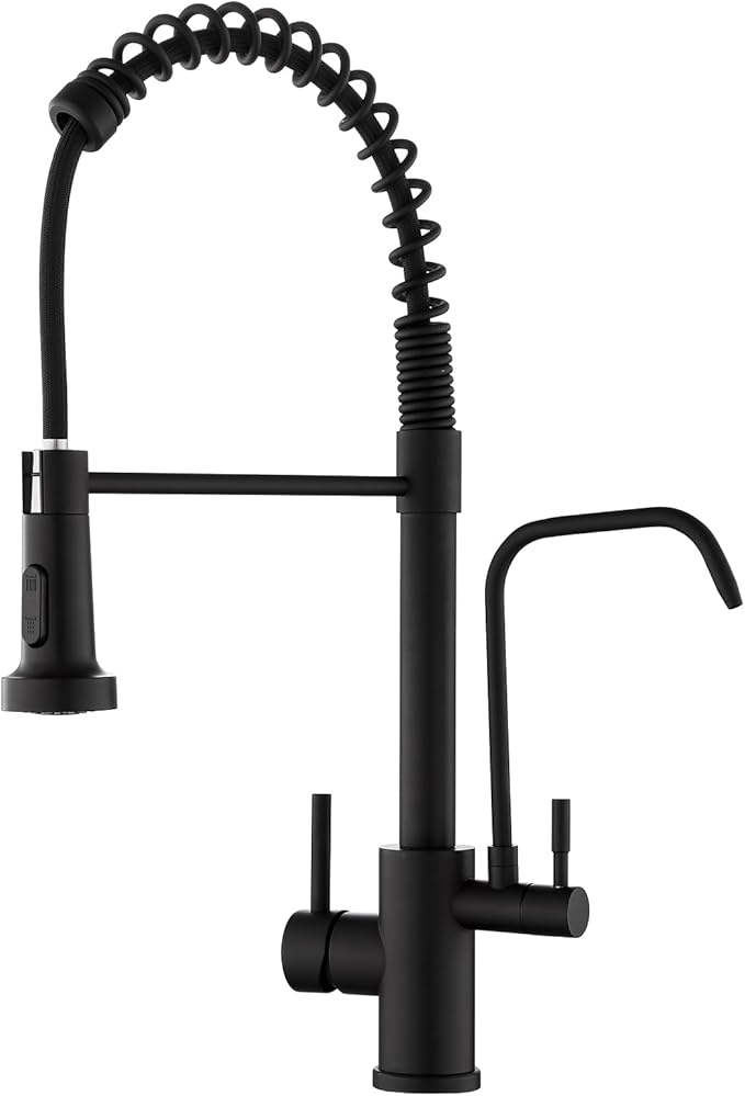 POPFLY 3 in 1 Kitchen Faucet With Drinking Water Purifier, Pull Down Sprayer, High Arch 2 Handle Filter Faucet, Black
