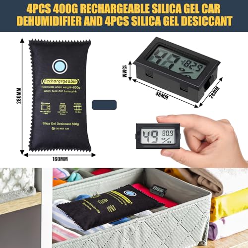8 Pcs 500 Grams Rechargeable Silica Gel Desiccant Packets with Mini Digital LCD Hygrometer Thermometers Dehumidifier Bag for Gun Safe Closet Basement Car Storage Clothes Moisture Absorber (4 Count)