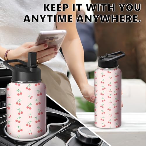 32oz Cherry Water Bottle with Handle and Flip Straw