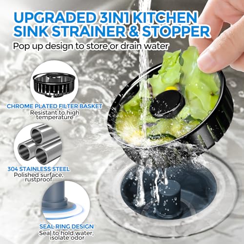 3 in 1 Kitchen Sink Drain Strainer Stopper Removable Basket Pop