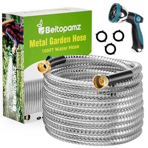 100 ft Stainless Steel Metal Garden Hose with Nozzle (100 Foot)