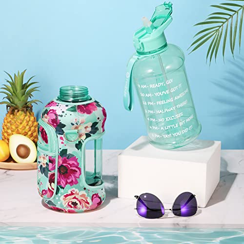 Half Gallon Water Bottle with Sleeve 64 OZ Water Bottle with Handle & Straw Leakproof Motivational Sports Gym Water Bottle with Time Marker Water Jug with Neoprene Holder