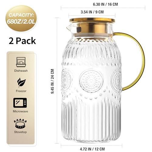 Glass Pitcher with Lid 68oz 2L Vintage Water Carafe Beverage 2Pack (2 Count)