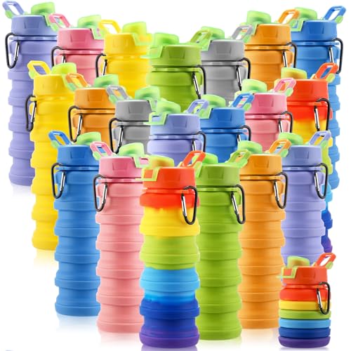20 Pack Collapsible Water Bottles Bulk Foldable Water Bottles 17oz Silicone Portable Leak Proof Reusable Sports with Clip for Travel Hiking Camping Outdoor (20 Count)