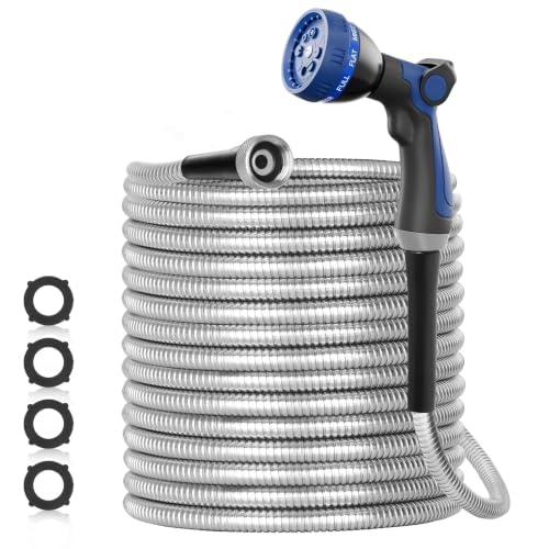 50ft 304 Stainless Steel Metal Garden Hose with Blue Nozzle