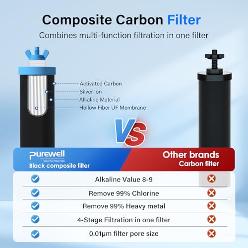 PF-3-PH Black 4-Stage Composite Carbon and Alkaline Filters, Compatible with Berlkey® Big+, ProOne® Big+ Gravity Water Filter Systems and Purewell Systems (2 Pack, K Series) (2 Count)