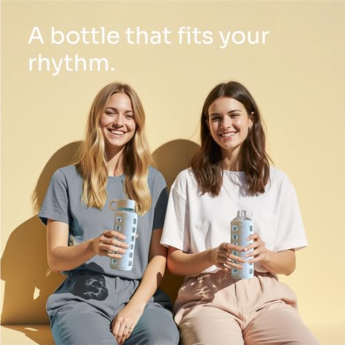 40oz / 32oz / 22oz / 12oz Borosilicate Glass Water Bottle with Time & Volume Markers, Silicone Sleeve, Stainless Steel Lid | Reusable Glass Bottle for Water & Juice (12oz Ice Blue)