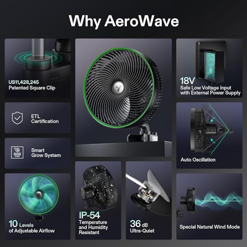AeroWave E9 Grow Tent Auto Oscillating Clip Fan