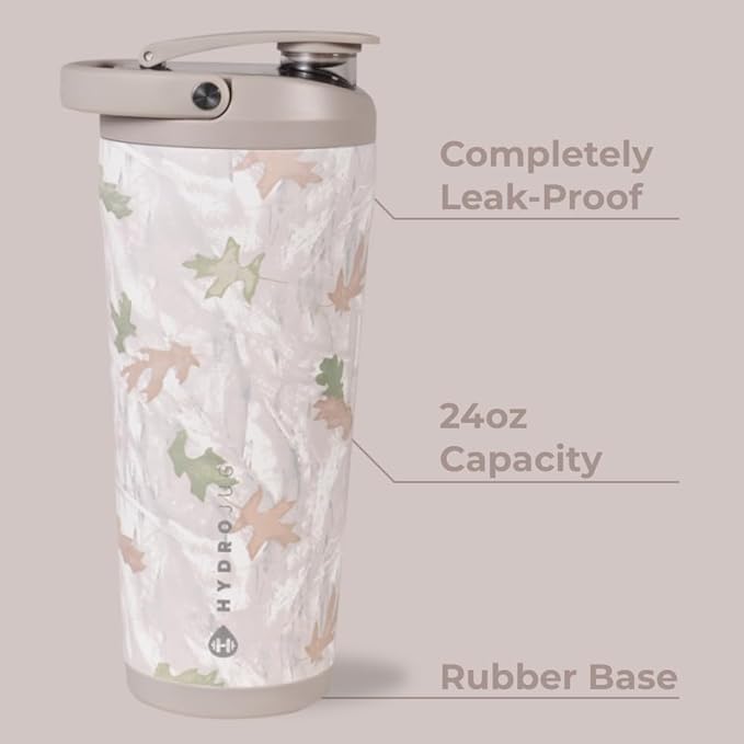 HydroJug 24 oz New Stainless Steel Shaker – Insulated, Leakproof, BPA-Free with Silent Mixing Grate – No Clumps, No Noise – Premium Shaker for Fitness, Sports & Everyday Use, Camo