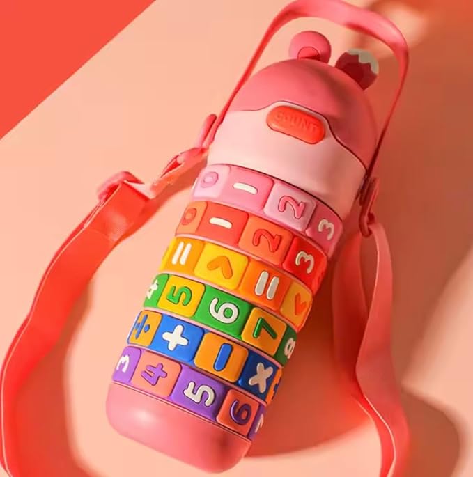 Kids Premium 14 oz Math Water Bottle with Silicone Spout, Leak-Proof Locking Flip Lid, Carrying Strap, Educational, Fun, Learning, Puzzle, Insulated, Stainless Steel, Sensory, Fidget.(Orange)