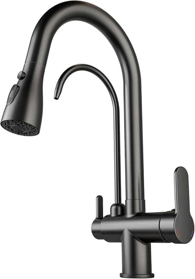 Kitchen Sink Faucet with Pull - Down Sprayer, 2 - Handle 3 - in - 1 Kitchen Sink Filter Faucet, Cold and Hot Mixer Drinking Water Faucet (Black-02)