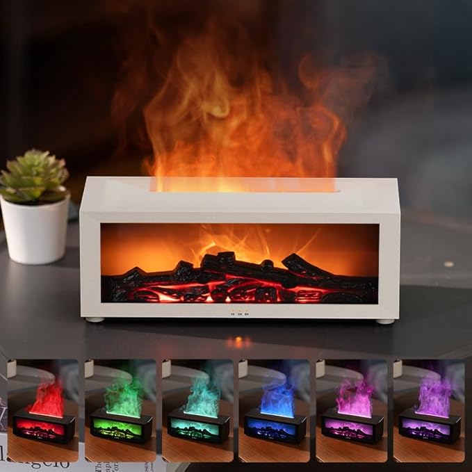 Eseential Oil Diffuser, Fireplace Flame Oil Diffuser - Aromatherapy Aroma Humidifier, Upgrade 7 Flame Colors Noiseless 150ml Remote Control - Perfect for Bedroom Home Office (Fireplace White)