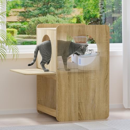 Cat Feeding Station with Water Fountain Space