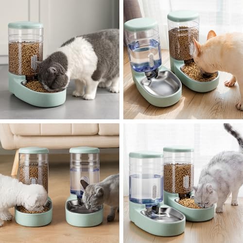Automatic Cat Feeder and Water Dispenser with Stainless Steel Bowl Gravity Food Feeder and Waterer Set for Small Medium Dog Puppy Kitten 1 Gallon x 2