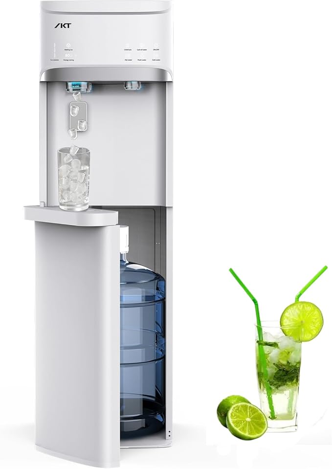 IKT Self-Cleaning Bottom Loading Hot and Cold Water Dispenser with Ice Maker for 5 Gallon Bottle 22lbs Daily Capacity Empty Bottle Alert White
