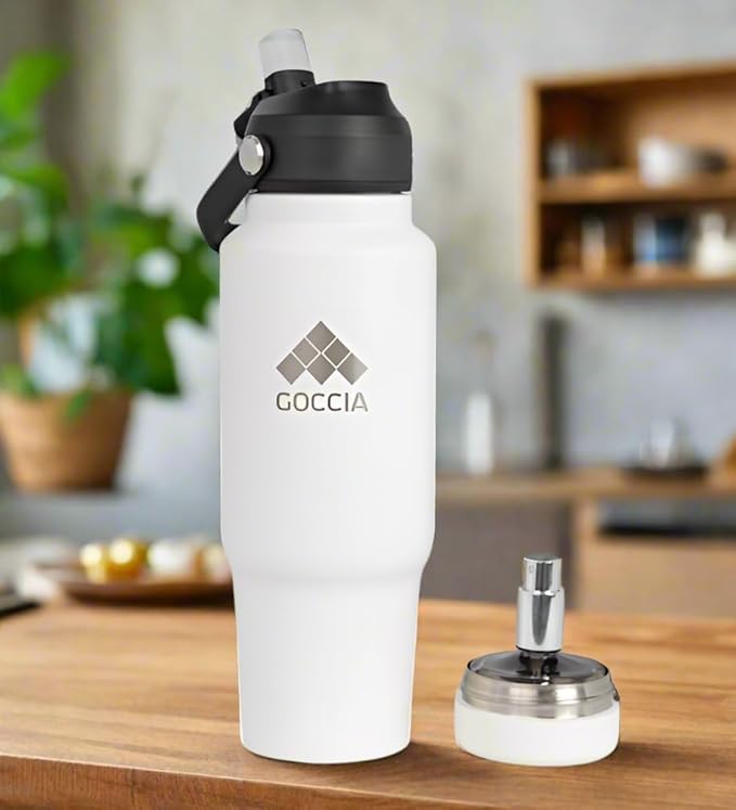 Sip & Scent 2-in-1 Smart Design 30 oz Insulated Water Bottle with Straw and Spout Lids and Refillable Perfume Container – 3-Layer Copper-Core, Leak-Proof Stainless Steel Water Bottle (White)