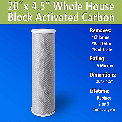 High Capacity Coconut Shell Carbon Block Water Filter 5 Micron Cartridge 4.5" x 20" for Universal Whole House System WELL (2 Count)